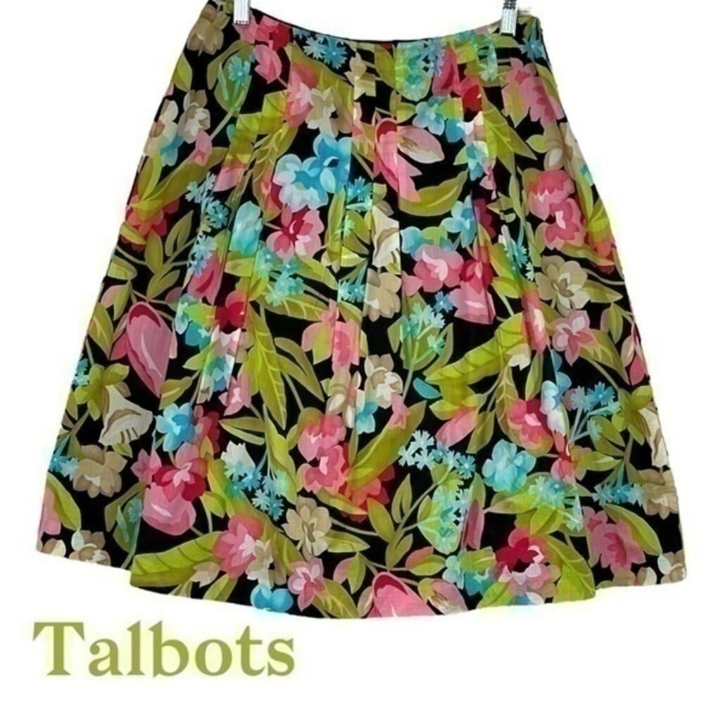 Talbots Black Lime Pink Floral Cotton‎ Pleated CottageCore Skirt NWOT Size 10